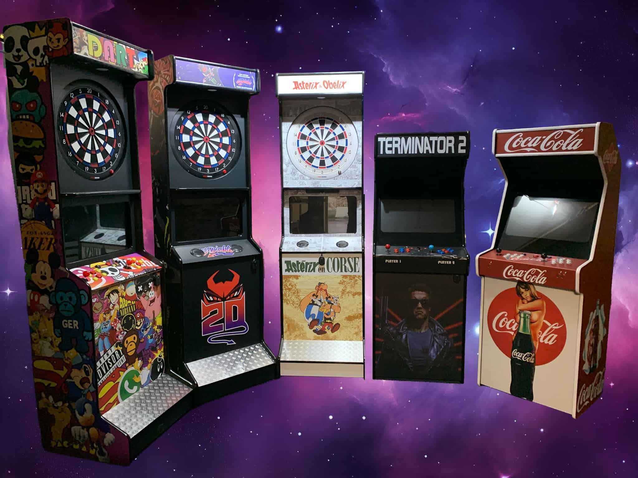 Collection de bornes d'arcade et Dartcabs personnalisés Flash-Back Arcade.